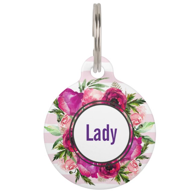 Pink Rose & Poppy Blumenstrauß auf rosa Streifen Haustiermarke (Vorderseite)