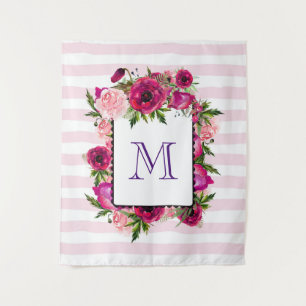 Pink Rose & Poppy Blumenstrauß auf rosa Streifen Wandteppich