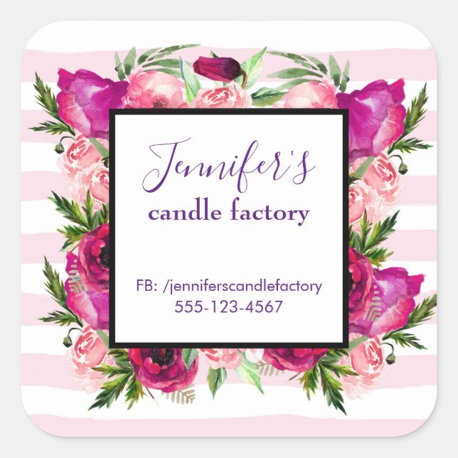 Pink Rose & Poppy Bouquet Business Website Quadratischer Aufkleber (Vorderseite)