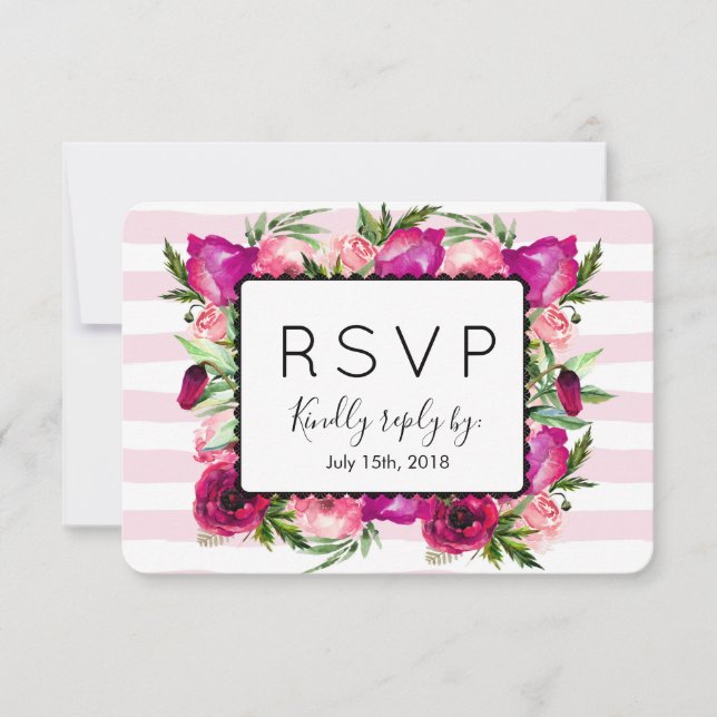 Pink Rose & Poppy Bouquet Wedding RSVP (Vorderseite)