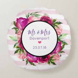 Pink Rose & Poppy Floral Bouquet Mr & Mrs Wedding Rundes Kissen