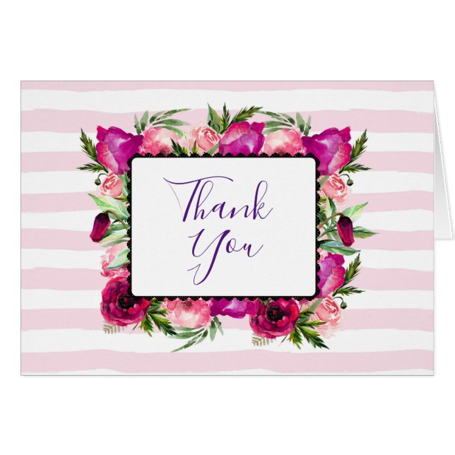 Pink Rose & Poppy Floral Bouquet Wedding Thanks (Vorderseite (Horizontal))