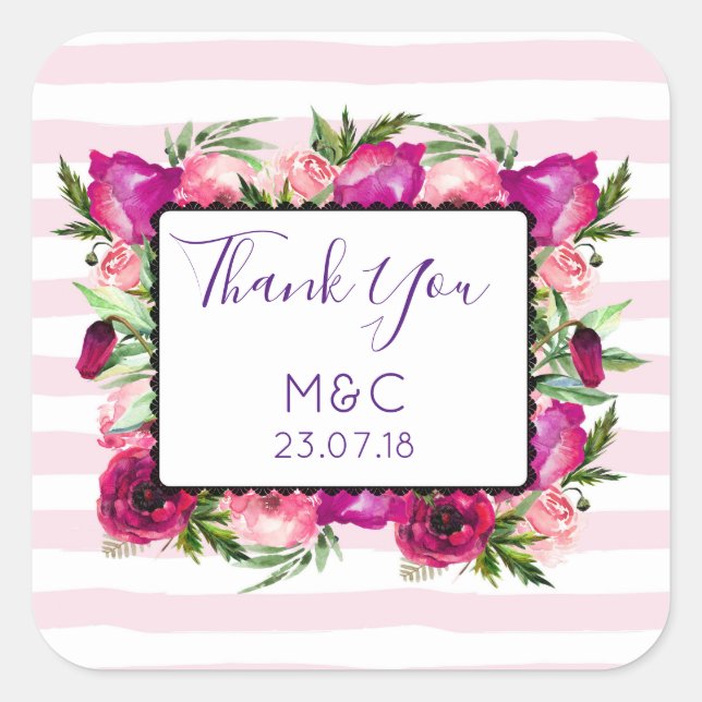 Pink Rose & Poppy Floral Bouquet Wedding Thanks Quadratischer Aufkleber (Vorderseite)