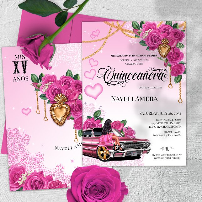 Pink Rose Quinceanera Pink Lowrider Chola Chicana Einladung (Von Creator hochgeladen)