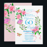 Pink Rose Ribbon 60th  Birthday Invitation Einladung<br><div class="desc">Lovely and elegant rose with butterfly.  You can changes the texts to your choice.
Suitabe for 40th,  50 th,  60th,  70th etc.</div>