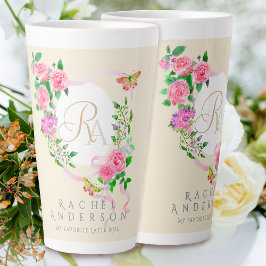 Pink Rose Ribbon Chic Monogram Beige Latte Tasse