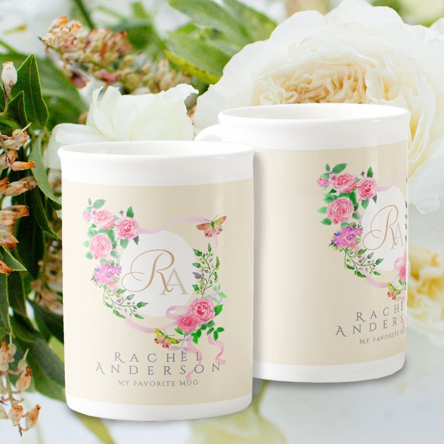 Pink Rose Ribbon Chic Monogram Beige Prozellantasse (Romantic Pink Rose Ribbon Monogram Beige  Mug.)