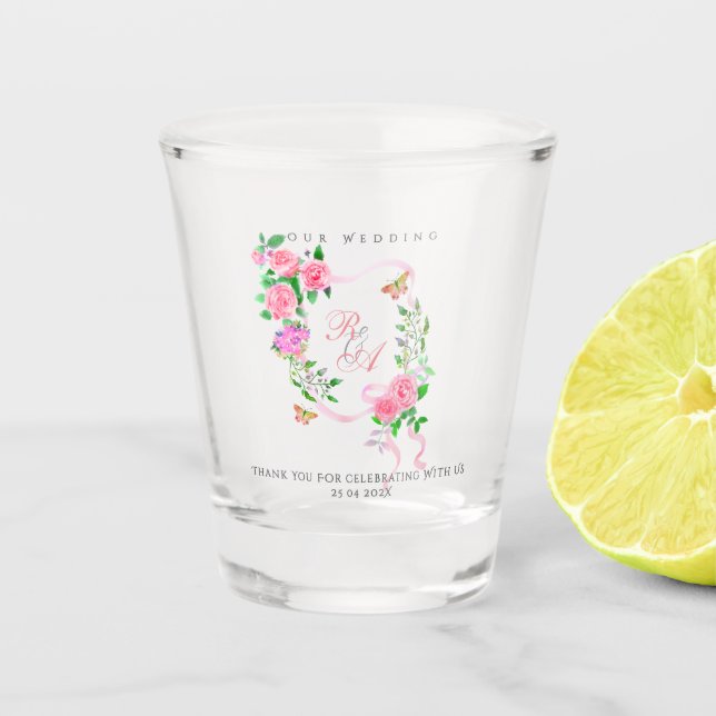 Pink Rose Ribbon Monogram Wedding  Schnapsglas (Vorderseite)