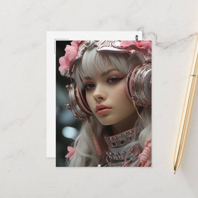 Pink Rose Sci Fi Steampunk Girl Postkarte (Vorderseite/Rückseite Beispiel)
