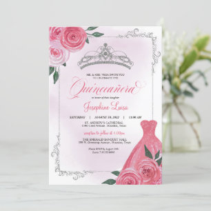 Pink Rose Silver & White Floral Tiara Quinceañera Einladung