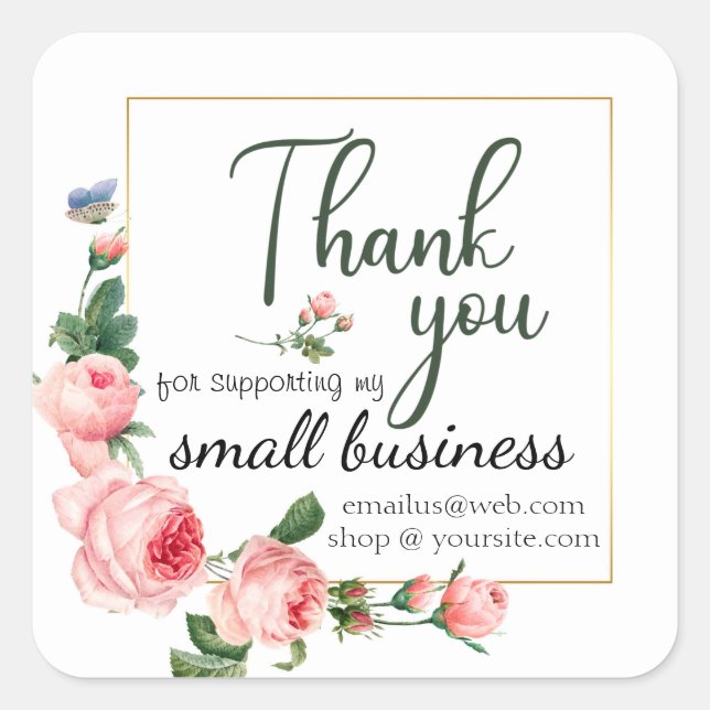 Pink Rose Small Business Vielen Dank Logo angepass Quadratischer Aufkleber (Vorderseite)