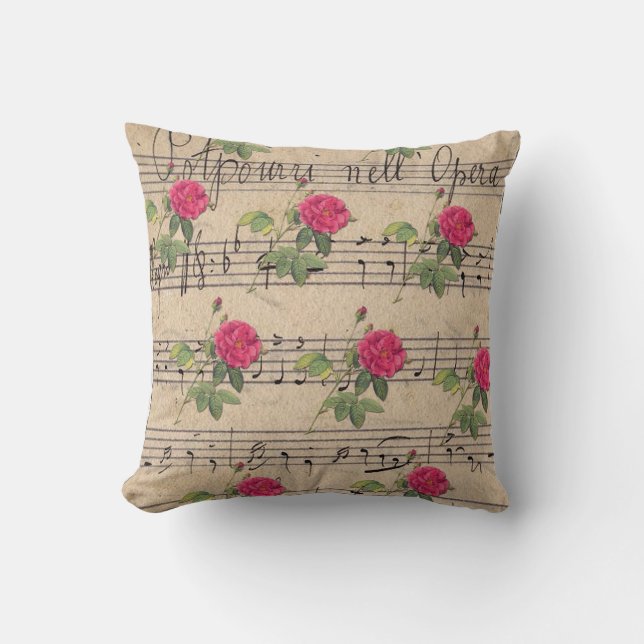 Pink Rose und Green Bicycle Music Sheet Throw Pill Kissen (Vorderseite)