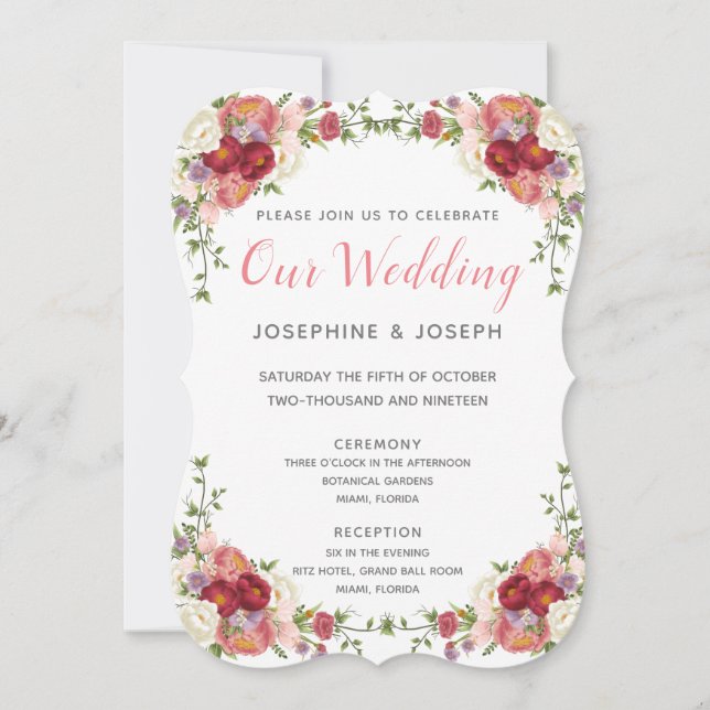 Pink & Rose Wasserfarbenpeonies Blume Unsere Hochz Einladung (Vorderseite)