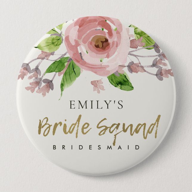 PINK ROSE WATERCOLOR FLORAL BRIDE SQUAD BRIDESMAD BUTTON (Vorderseite)