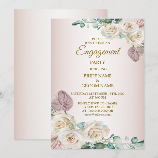 Pink Rose Watercolor Greenery Golden Engagement Einladung (Vorne/Hinten)