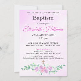 Pink Rose Watercolor Ombre Cross Baptism Einladung
