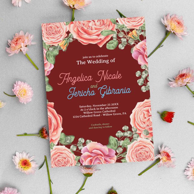 Pink Rose Wedding Theme Einladung (Von Creator hochgeladen)