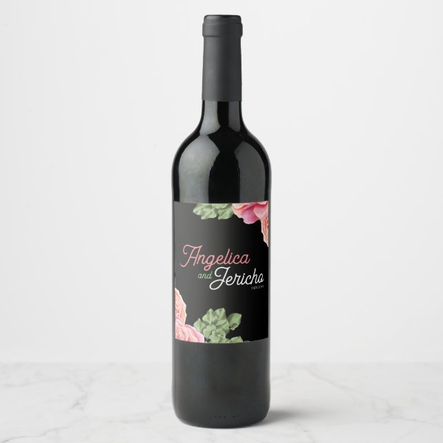 Pink Rose Wedding Theme Weinetikett (Vorderseite)