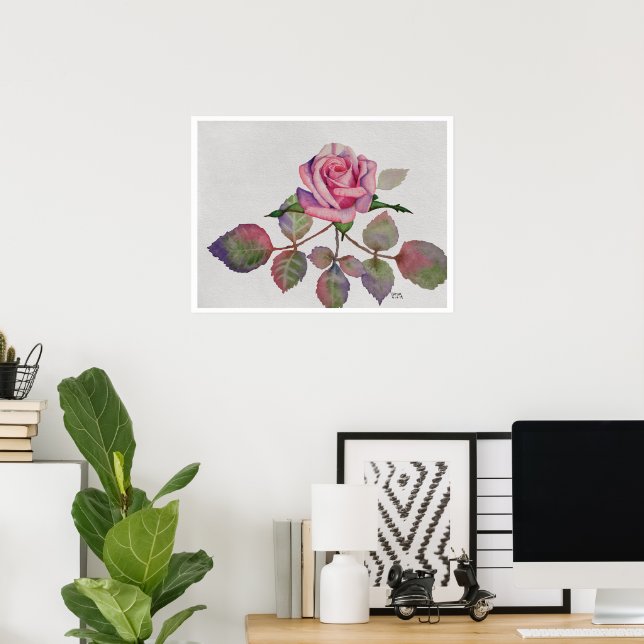 Pink Rose with Abstract Leaves Watercolor Poster (Heimbüro)
