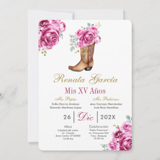 Pink rose with boot Quinceañera Invitation Einladung