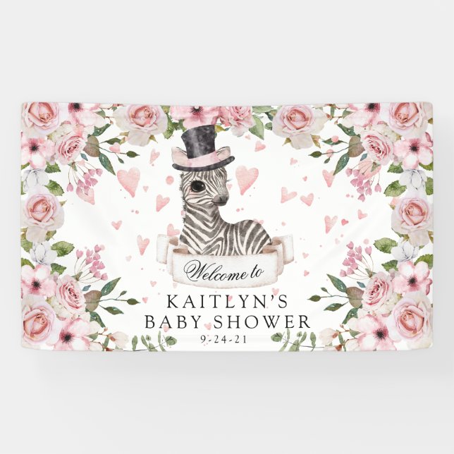 Pink Rose Zebra Baby Dusche Banner (Horizontal)