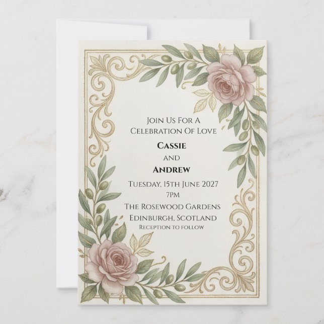 Pink-Roségold-Rollen-Hochzeit Einladung (Vorderseite)