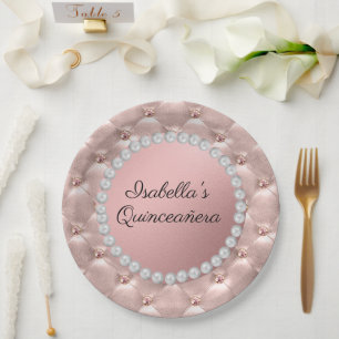 Pink Roségold Weiße Perlen Quinceañera Foto  Pappteller