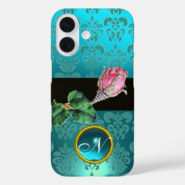 PINK ROSENKNOSPE JEWEL, BLUE AQUAMARIN DAMASK GEM  Case-Mate iPhone HÜLLE (Rückseite)