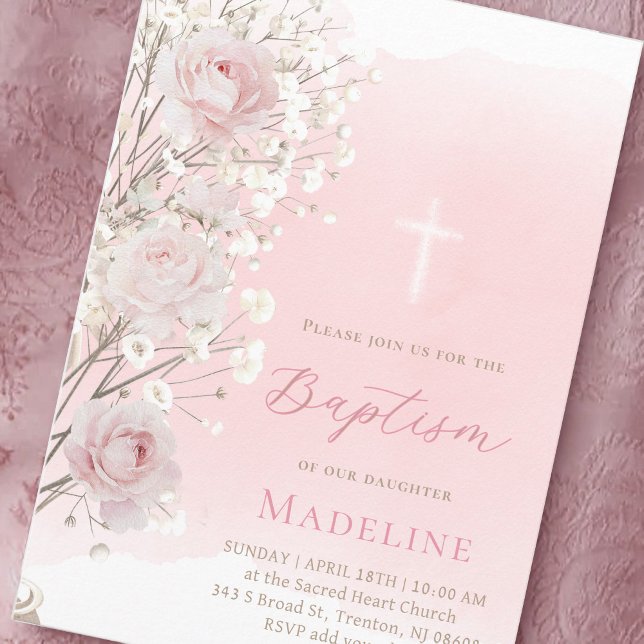 pink roses and baby's breath | Baptism baby girl  Einladung (Von Creator hochgeladen)