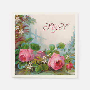 PINK ROSES AND JASMINES FLORAL WEDING MONOGRAM SERVIETTE