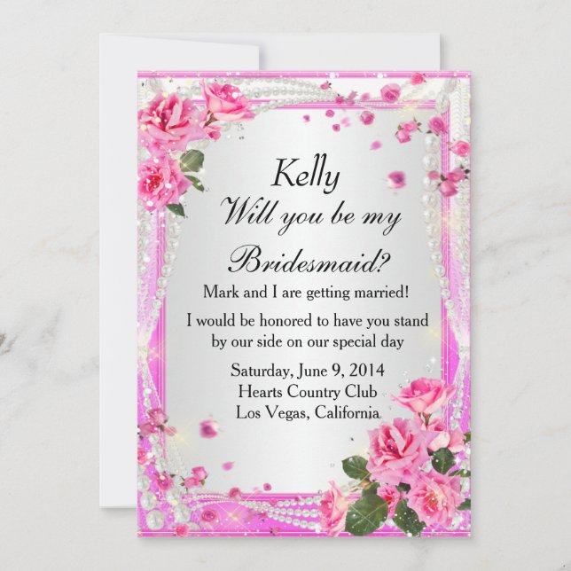 Pink Roses and Pearls Bridesmaid Card Einladung (Vorderseite)