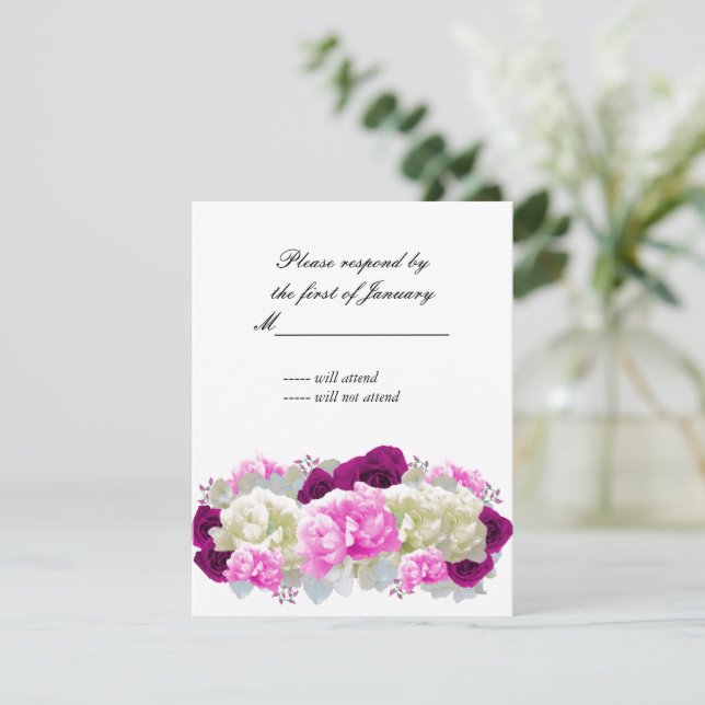 Pink Roses and Peonies Reply Card RSVP Karte (Stehend Vorderseite)