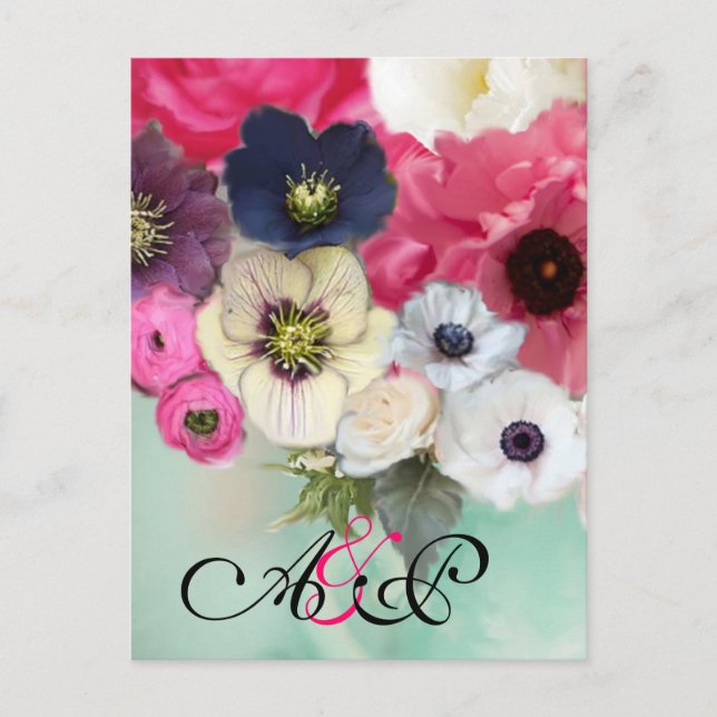PINK ROSES,ANEMONE BLUME MONOGRAMM Save the Date Ankündigungspostkarte (Vorderseite)