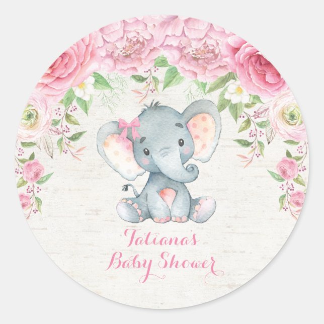 Pink Roses Baby Elephant Vielen Dank Sticker Favor (Vorderseite)