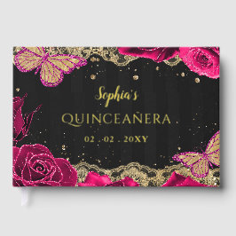 Pink Roses Black Gold Lace Butterfly Quinceañera Gästebuch