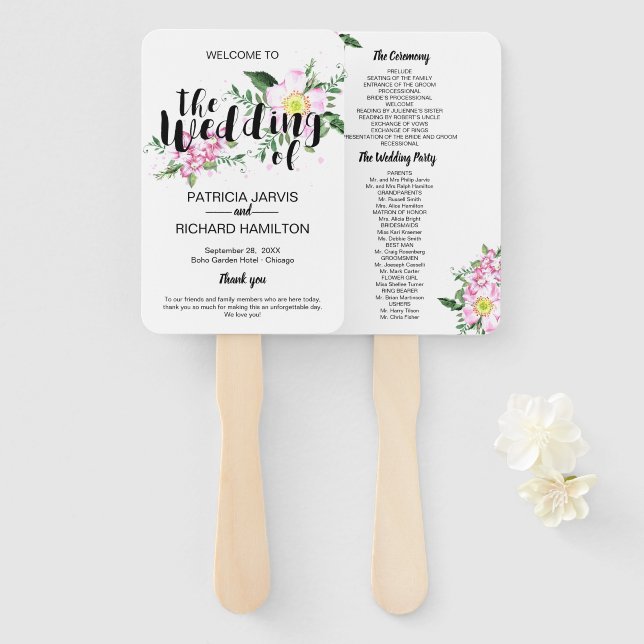 Pink Roses Boho Blumenwasser Hochzeitsprogramm Fächer (Vorne und Hinten)