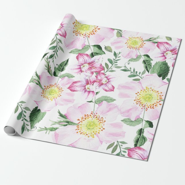 Pink Roses Boho Watercolor Blumenmuster Geschenkpapier (Ungerollt)