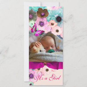 PINK ROSES ,BUTTERFLY BABY SHOWY FOTOVORLAGE EINLADUNG