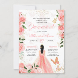 Pink Roses Butterfly Mariposa Quinceanera Floral Einladung