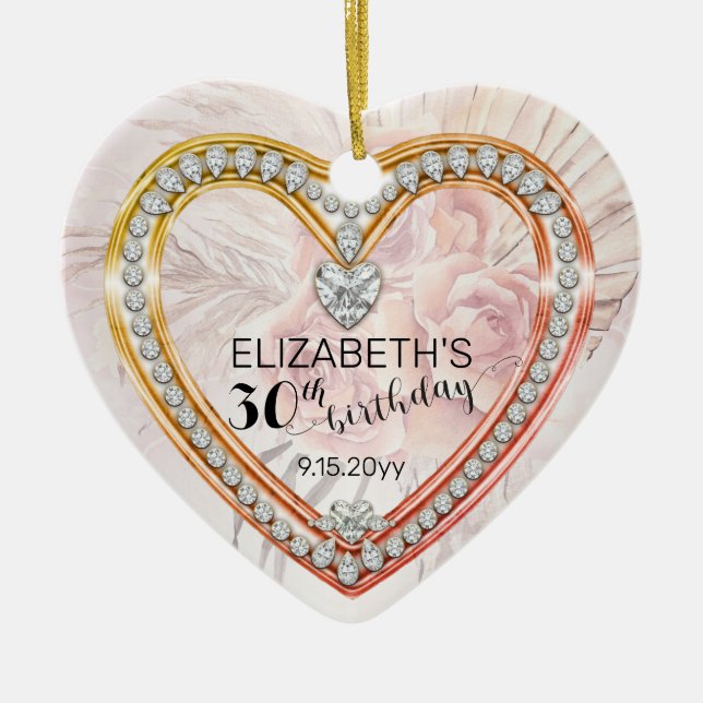 Pink Roses Diamonds 30. Birthday Keepsake Keramik Ornament (Vorne)