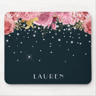 Pink Roses Diamonds Sophisticated Sparkle Monogram Mousepad