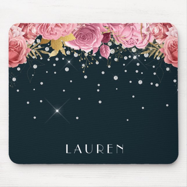 Pink Roses Diamonds Sophisticated Sparkle Monogram Mousepad (Vorne)
