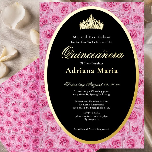 Pink Roses Elegant Gold Floral Quinceanera   Folieneinladung (Von Creator hochgeladen)
