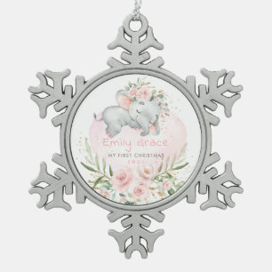 Pink Roses Elephant Baby 1. Weihnachten Schneeflocken Zinn-Ornament