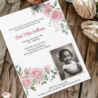 Pink Roses Floral 80. Geburtstag Foto Einladung