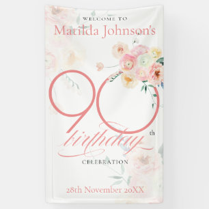 Pink Roses Floral 90. Geburtstagsparty Willkommen Banner