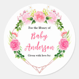 Pink Roses Floral Baby Shower Bookplate Runder Aufkleber