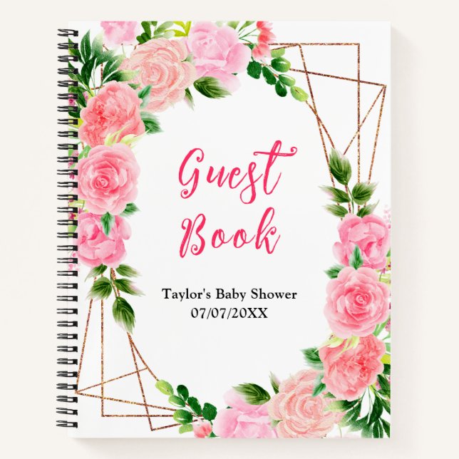 Pink Roses Floral Baby Shower Guest Book Notizbuch (Vorderseite)