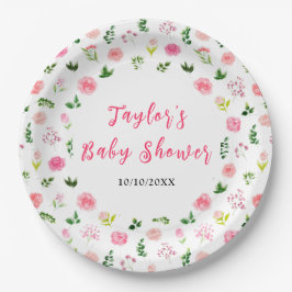Pink Roses Floral Baby Shower Pappteller