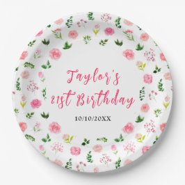 Pink Roses Floral Birthday Pappteller